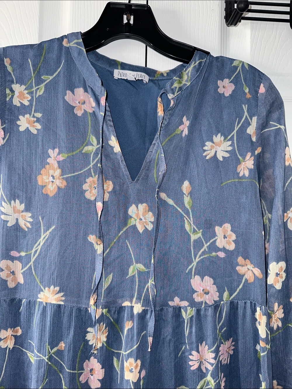 Patrons of Peace Blue Floral Tiered Midi Dress with Pink & Cream Accents - Picture 4 of 7